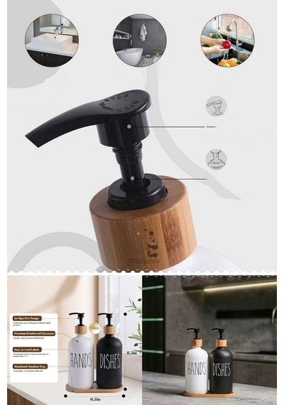 2 Li Soft Beyaz Dekoratif Mutfak Banyo Sıvı Cam Sabunluk Seti 500ml Bambu Stantlı Set Siyah - Beyaz