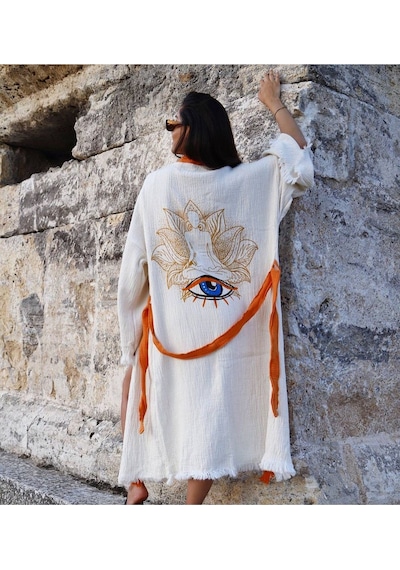 Befera Müslin Kimono Pamuklu Yoga Meditasyon Baskılı Desenli Bornoz Kaftan Sabahlık Ekru