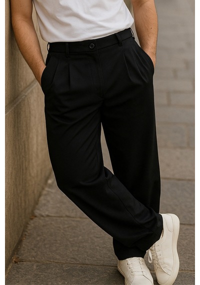 Cedy Denim Yüksek Kalite Erkek Yüksek Bel Pileli Baggy Chino Pantolon C358 Siyah