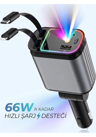 Tr 66w 5in1 Araç İçi Çakmaklık Hızlı Şarj Aleti, Tavan Aydınlatmalı, Çift Makaralı Kablo Type-c & Lightning