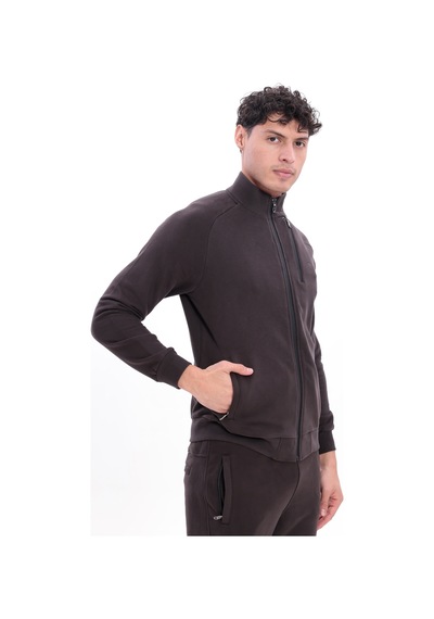 Rowinger 3 İplik Kalın Dokulu Pilot Yaka Velör Şeritli Tam Fermuarlı Erkek Sweatshirt Brown