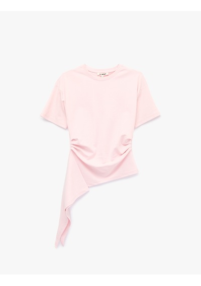 Koton Modal Kumaş Slim Fit Bisiklet Yaka Kısa Kollu Asimetrik Tişört Pembe 7wal10313ık Gül