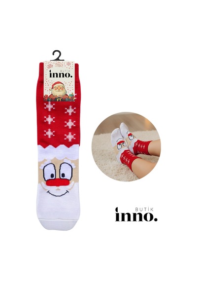 Inno Yılbaşı Desenli Noel Babalı Hediyelik Kraft Kutulu Çorap Tekli Turkuaz