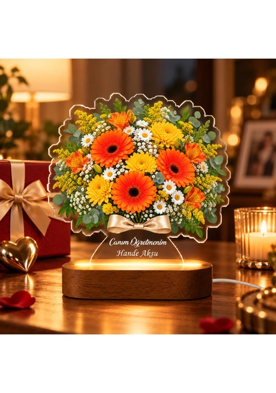 Bk Gift Kişiye Özel Turuncu Gerbera Ve Sarı Papatya Işıklı Çiçek Buketi Led Lamba