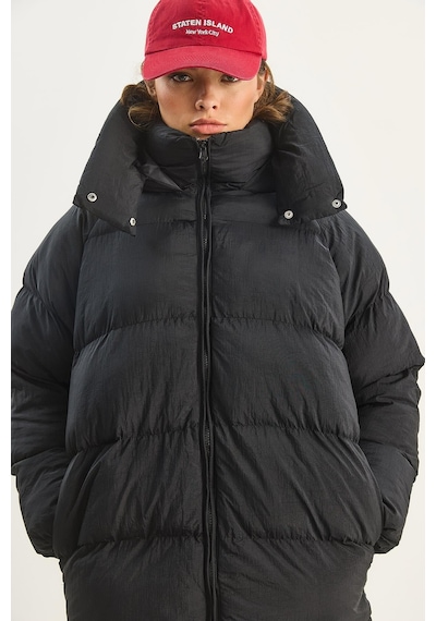 Shade Kadın Kapüşonlu Cep Detaylı Astarlı Oversize Krinkıl Şişme Mont 60283684 - Siyah
