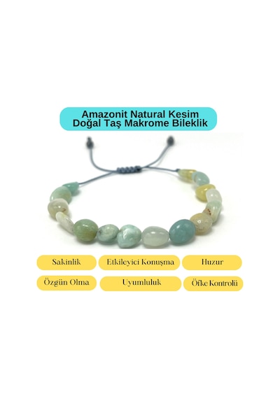 Sertifikalı Amazonit Natural Kesim Makrome Doğal Taş Bileklik Ayarlanabilir Ölçü Mavi