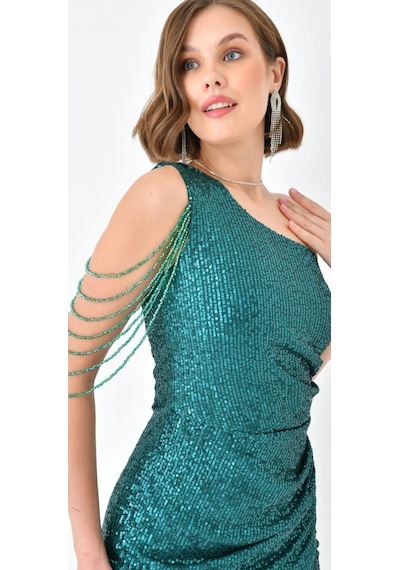 Hanife Glam Couture Hanife Glam Tek Omuz Taş Tasarımlı Mini Pulpayet Elbise Zümrüt