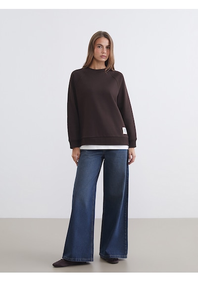 Lcw Comfort Kahverengi Bisiklet Yaka Oversize Kadın Kalın Sweatshirt