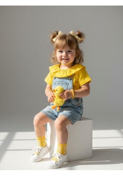 Zekids Kız Bebek Pamuklu Yakası Fırfırlı Basic T-shirt-7460 Sarı