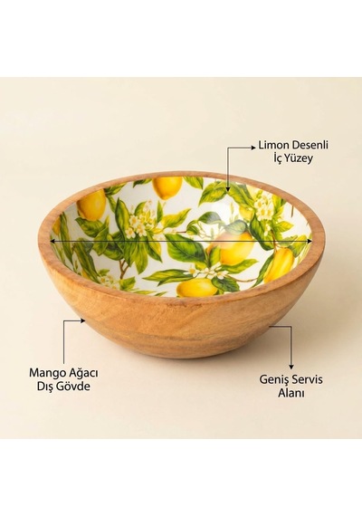 Tr Mango Ağacı Kase 20 Cm, Limon Desenli İç Yüzey, 7 Cm Yükseklik, Geniş Servis Alanlı Ahşap Sunum Kasesi, Kahv