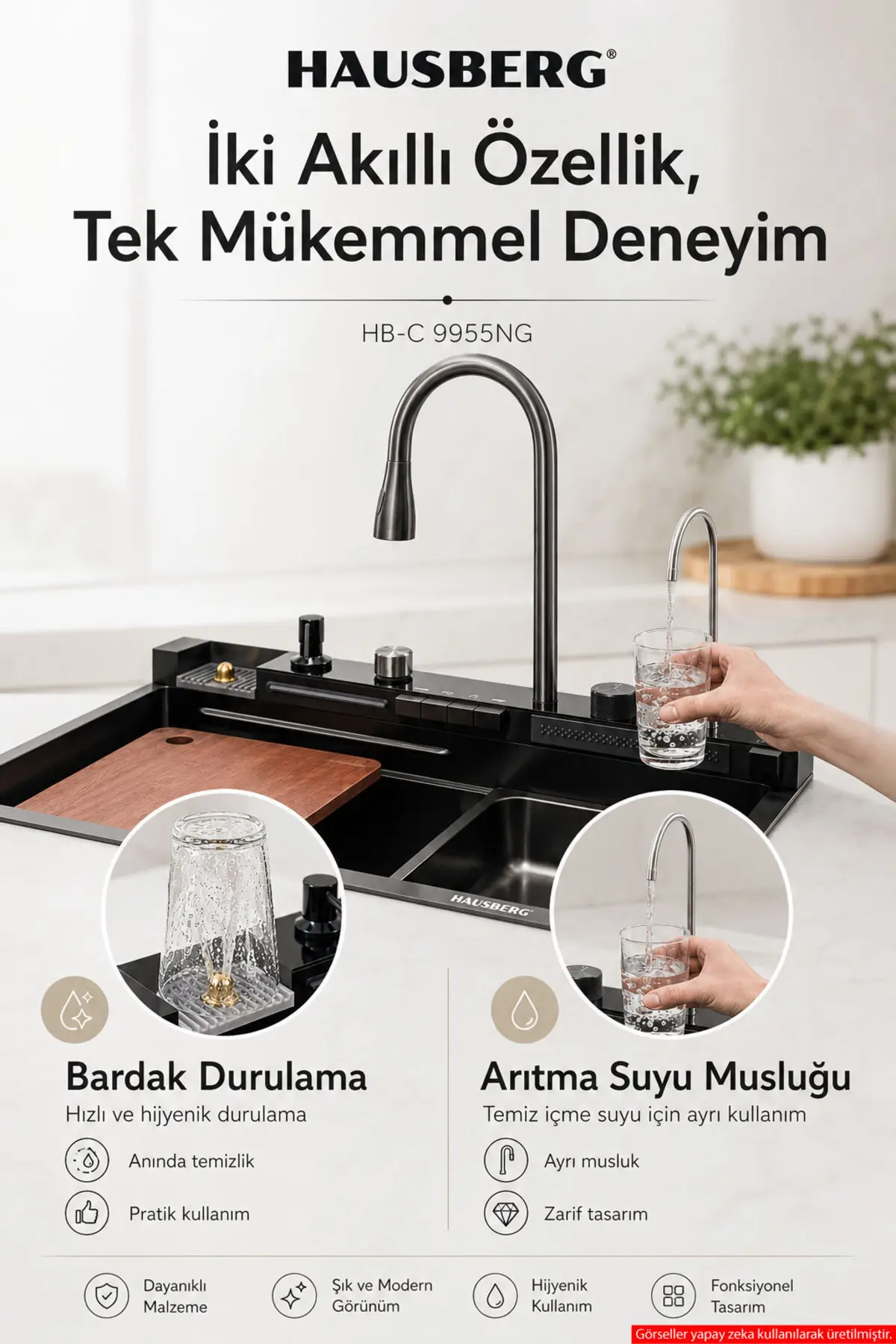 Dijital Akıllı Evye Seti Şelale Bataryalı, Led Sıcaklık Göstergeli, Bal Peteği Tabanlı Paslanmaz Çelik Teknolojik Mutfak Evyesi,7+1 Fonksiyonlu, Aksesuarları Dahil Siyah