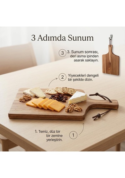 Deri Asma İpli Akasya Ahşap Sunum Tahtası, 40 28 1,5 Cm, 25 Cm Gövde Yüksekliği, Saplı Dikdörtgen Servis Tabağı, Peynir Ve Atıştırmalık Sunumu, 1 Adet Çok Renkli