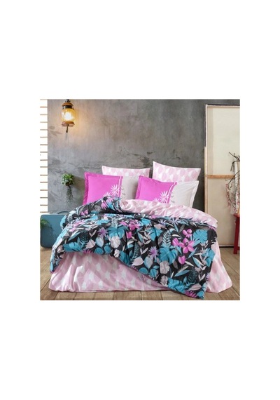 Kingsize Poplin Nevresim Monstera Fuşya Çok Renkli