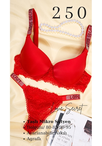 Tılsım Lingerie Murays Kadın 2 Li Taşlı Sütyen Takım Kırmızı - Pembe