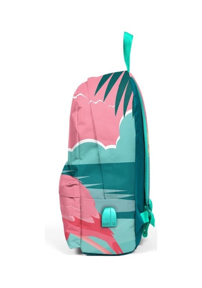 Coral High Yeşil Pembe Flamingo Desenli Sırt Çantası Okul ve Günlük - USB+AUX Soketli