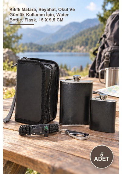 Arı 5 Adet Matara Seti Kılıflı Matara, Seyahat, Okul Ve Günlük Kullanım İçin, Water Bottle, Flask, 15 X 9,5 Cm Açık