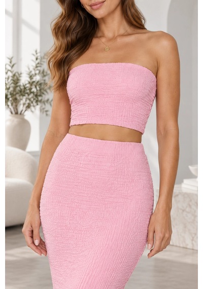 Mevese Kadın Bürümcük Kumaş Straplez Crop Ve Midi Kalem Etek İkili Set - Pembe