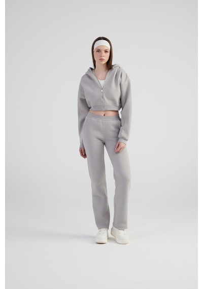 Holly Lolly Kadın Gri Kapüşonlu Uzun Kol Fermuarlı Crop Mixed Sweat
