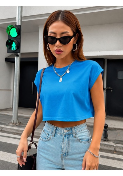 Bonnywıll Bonnywılll Bisiklet Yaka Düşük Kol Crop T-shırt Mavi