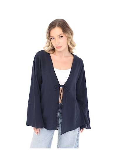 Blayn Jeans Blayn Kadın Keten Kimono Oversize Rahat Kalıp Yazlık Uzun Kollu Kimono Lacivert