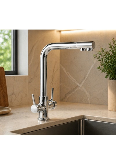 Lüx Premium Krom 3'lü Set Robot Duş Seti Sabit Lavabo 3 Yollu Arıtma Musluğu Çeşmesi Bataryası Banyo Mutfak Seti Gri
