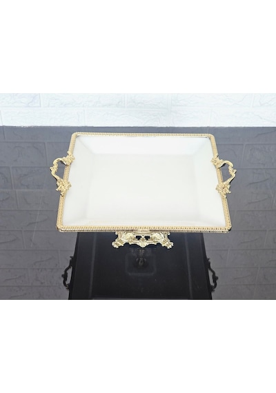 Porselen Büyük Sade Kare Servis Tabağı-sunumluk Döküm Gold Çerçeve Ve Ayaklı 27cm Beyaz