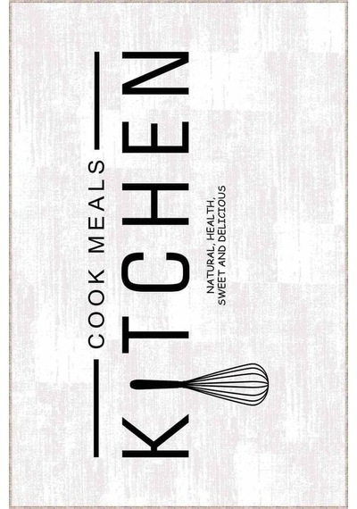Beyaz Kaymaz Tabanlı Kitchen Yazılı Mutfak Halısı Ar798n11