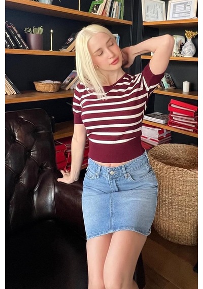 Seeh Bordo Bisiklet Yaka Çizgili Kadın T-shirt Sh371 Baskılı