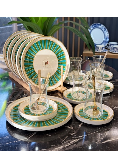 18 Parça Modern Piano Bird Green Pasta Çay Saati Seti-4347 Çok Renkli