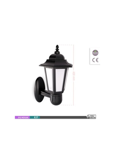 ACK Perge Bahçe Aydınlatması E27 Dekoratif Duvar Armatür 42cm Siyah