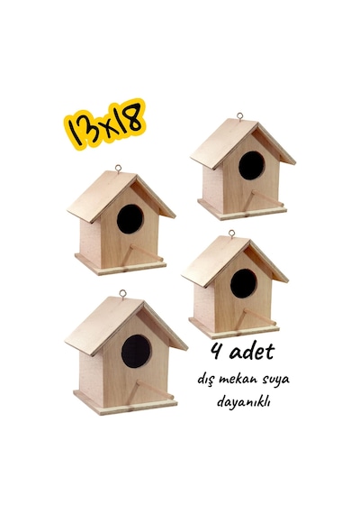 Ncy Ahşap Kancalı Kuş Yuvası Kuş Evi 4 Adet 13 x 13 x 18 CM