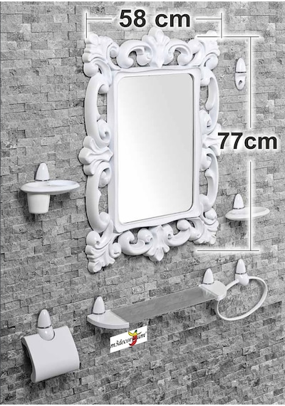 Büyük Dev 77 Cm Aynalı Çok Parçalı 7 Parça Beyaz Banyo Ayna Seti Beyaz