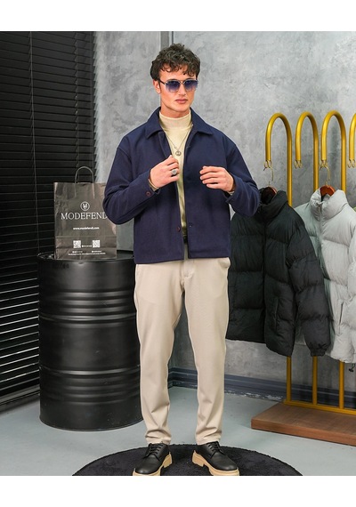 Modefendi Orta Slim Fit Düğme Detaylı Kaşmir Kaban Lacivert