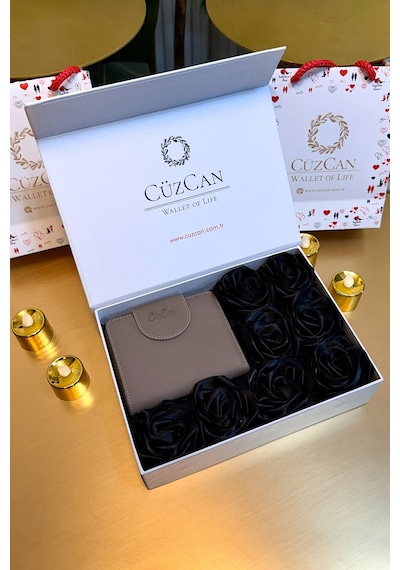 Premium Gift Rose Box - Miosa Vizon Hakiki Deri Kadın Cüzdan Siyah Gül Kutusu Vizon