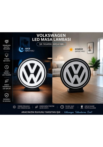 Volkswagen Masa Lambası , Vw Logolu Led Işıklı Masa Lambası , Volkswagen Gündüz Gece Masa Lambası Siyah