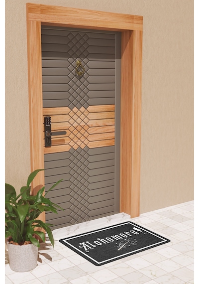 Rugmood Modern Dijtal Baskı Siyah Alohomora Kapı Önü Paspası