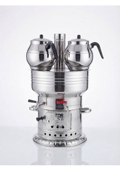12 Litre Çift Musluklu Semaver + 2 Adet Büyük Demlik Hediyeli Krom