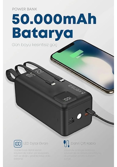 50.000 Mah Dijital Göstergeli Dahili Çoklu Kablolu Powerbank Süper Hızlı Şarj Taşınabilir Şarj Siyah