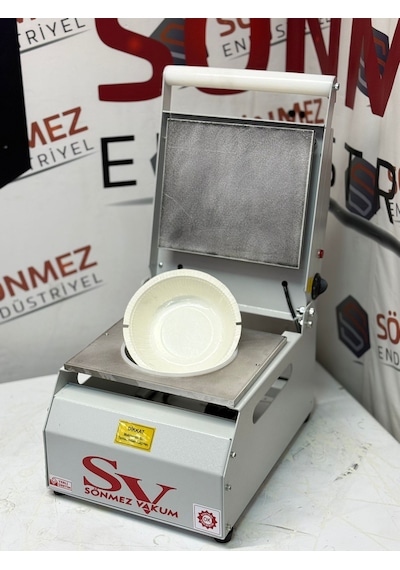 Sönmez Vakum 20 Cm Yuvarlak Karton Tabak Kapatma Makinesi Salata Makarna Paketleme Makinesi