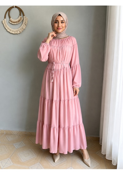 Efulim Womens İpli - Astarlı Salaş Şifon Tesettür Elbise Pembe