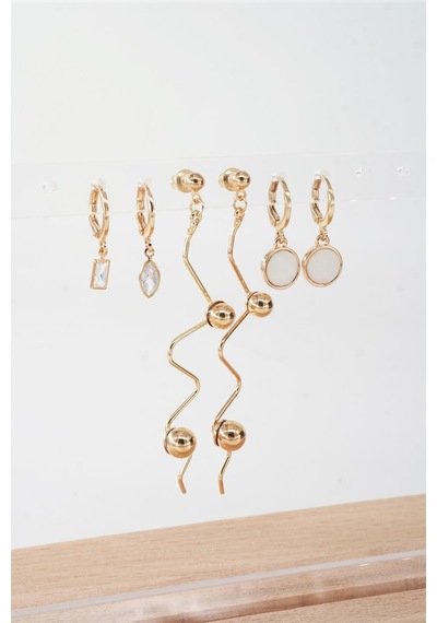 Kadın 6.5 Cm Zigzag Sallantılı Ve Oval Sedefli 6'lı Küpe Seti - Altın