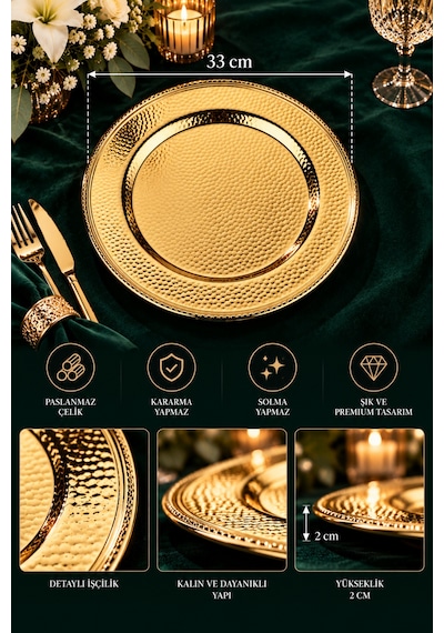 6'lı Gold Paslanmaz Çelik Supla Seti 33 Cm Amerikan Servis Ve Sunum Altlığı Altın - 941833453 Altın