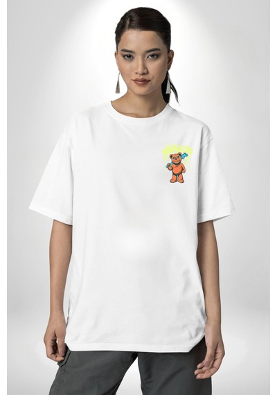 Sık Sık Mutlu Gülmek Teddy Bear Beyaz Oversize Unisex Ön Ve Sırt Baskılı Tişört Beyaz