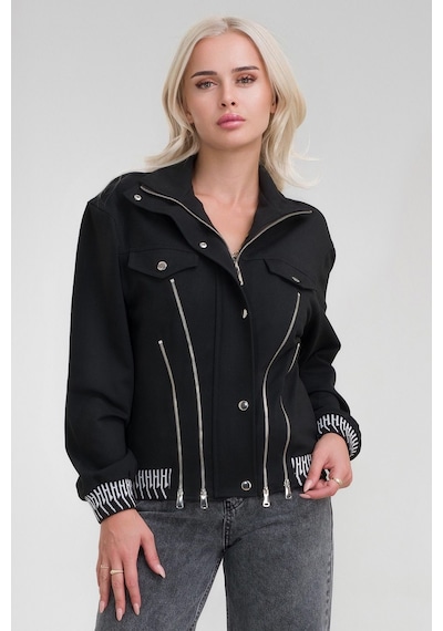 Bold & Young Kadın Viskon Polyester Likralı Kumaş Fermuar Aksesuarlı Kaşkorseli Cepli Ceket Siyah
