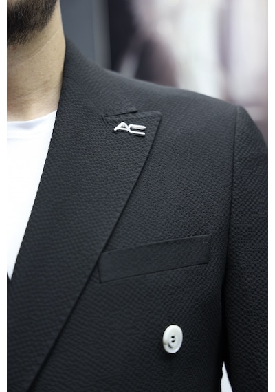 Avni Ceylan Verde Dokulu Gofre Kumaş İtalyan Stil Slim Fit Kruvaze Erkek Ceket Siyah