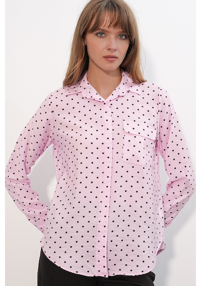 Bigdart Kadın Tek Cepli Puantiyeli Oversize Gömlek 20399 - Pembe