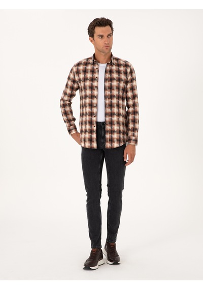 Cacharel Kiremit Slim Fit %100 Pamuk Desenli Gömlek Kırmızı