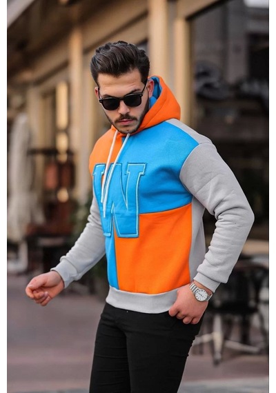 Erkek W Nakış İşlemeli Kapüşonlu Sweatshirt - Mavi