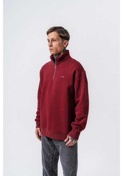 Erkek Respire Yazı Detaylı Yarım Fermuarlı Basic Sweatshirt Bordo