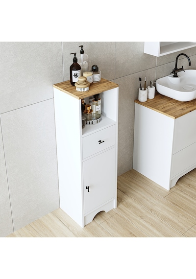 Banyo Dolabı Mdf 107 X 35 Cm Çekmeceli Banyo Boy Dolabı Mat Beyaz Atlantik Çam - Beyaz